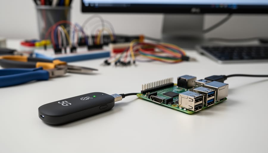 Raspberry Pi board connected to 5G USB modem on workspace