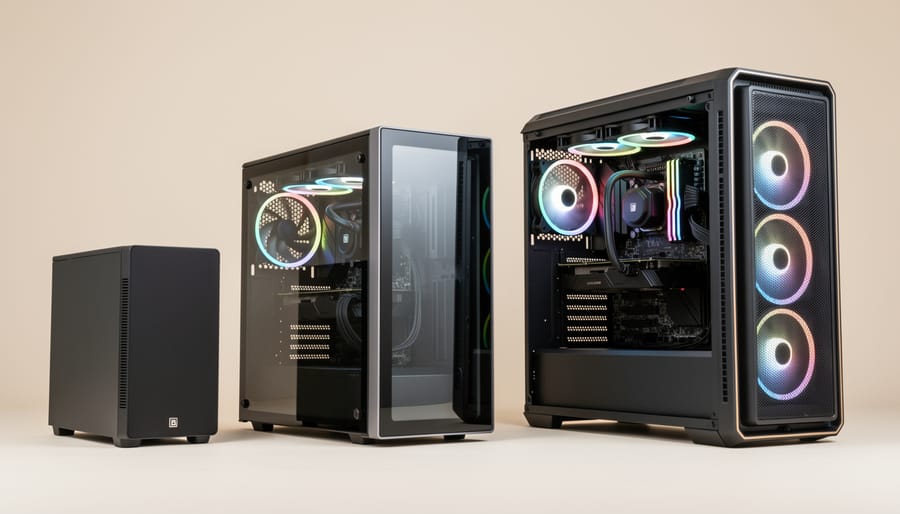 Three types of Raspberry Pi cases including clear, fan-cooled, and aluminum cases on desk