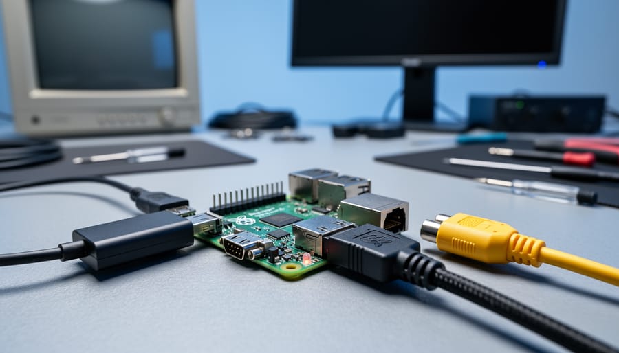 Close-up of a Raspberry Pi 4 on a workbench connected to a micro-HDMI-to-VGA adapter with audio lead, an HDMI-to-DVI cable, and a yellow RCA composite plug, with blurred CRT and flat-panel monitors in the background.