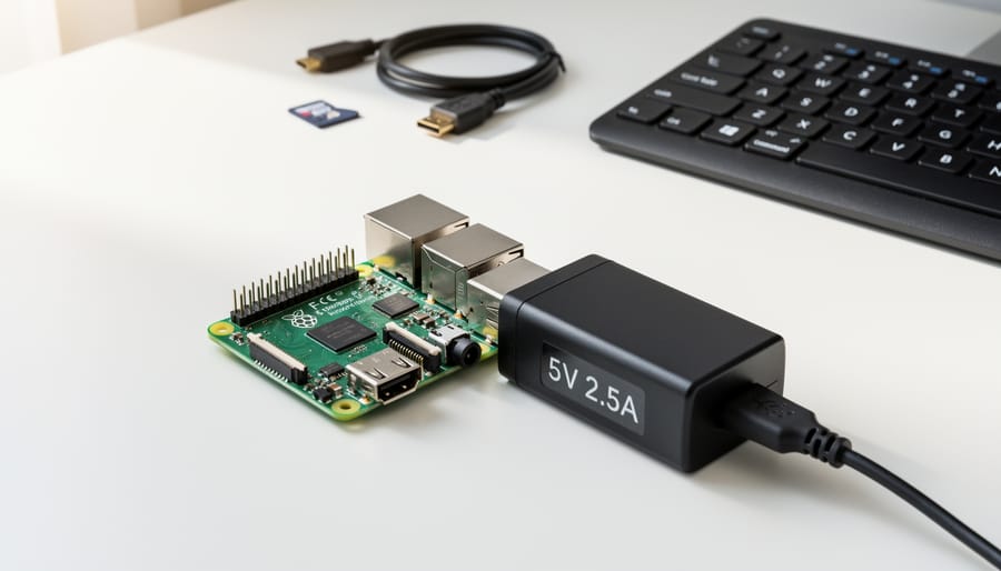 Official Raspberry Pi power supply with micro USB connector on white surface