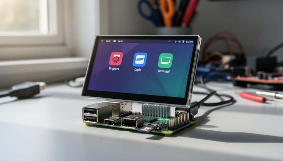 Raspberry Pi with small touchscreen display attached showing active interface