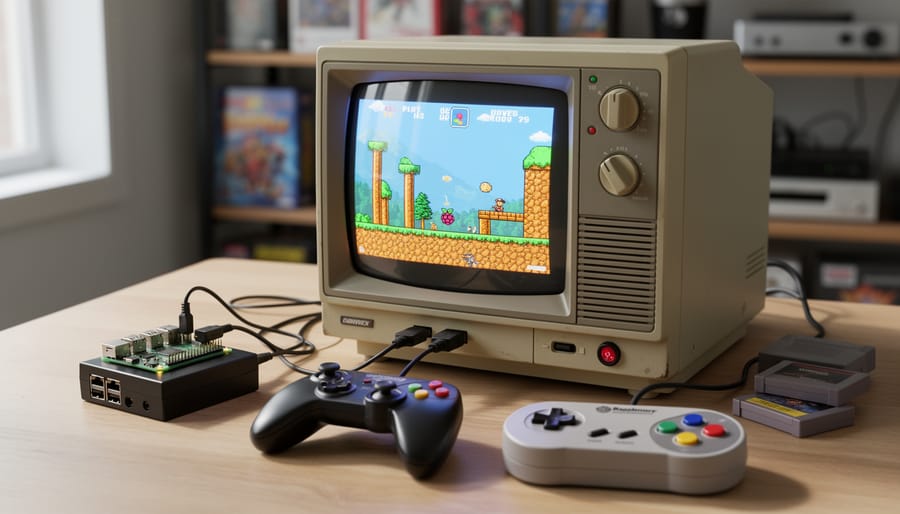 Complete Raspberry Pi retro gaming setup with CRT monitor and game controller