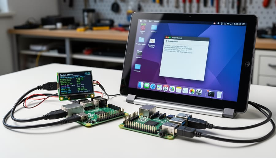 Comparison of different sized Raspberry Pi screens arranged on workbench
