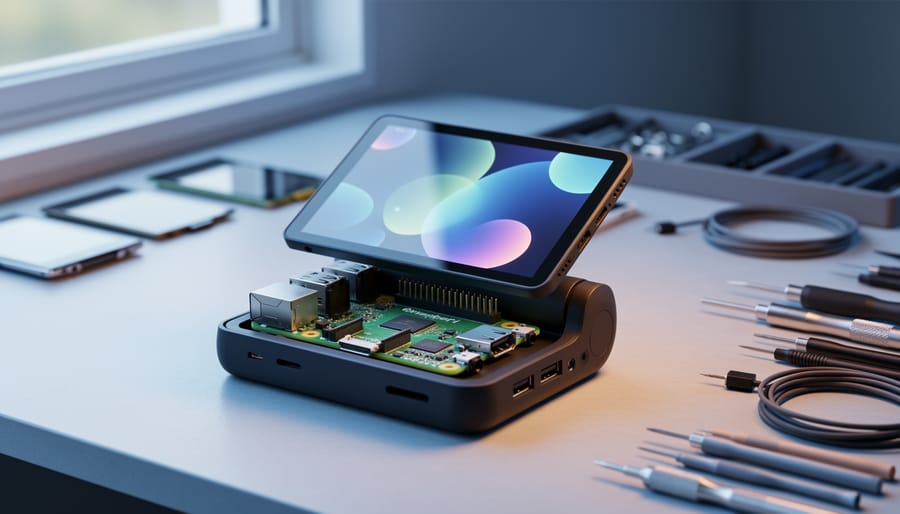 Close-up of a Raspberry Pi fitted with a small touchscreen in a handheld case on a desk, with additional mini OLED, TFT, and e-ink displays and maker tools blurred in the background under soft daylight.