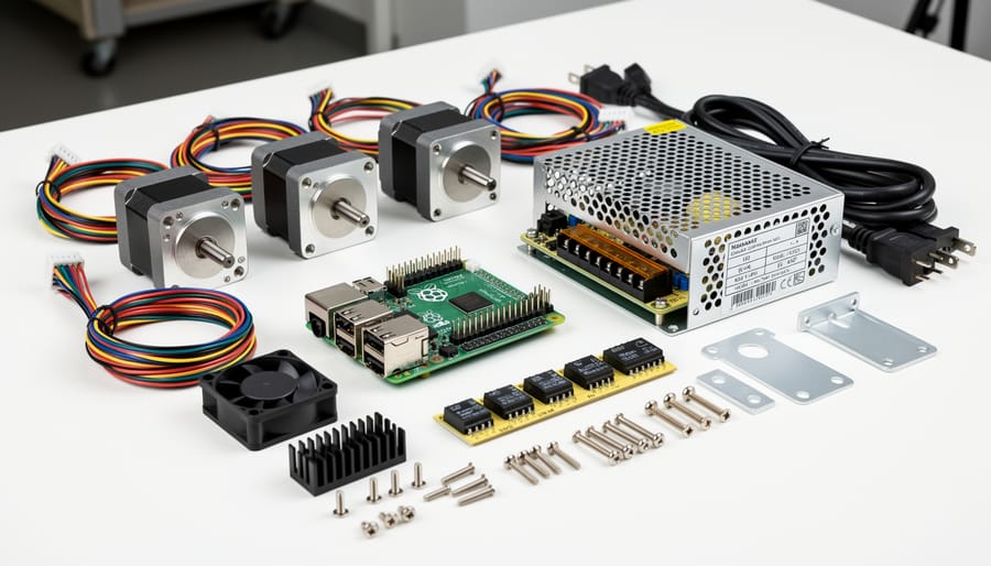 Overhead view of Raspberry Pi CNC components including controller board, stepper motors, and hardware