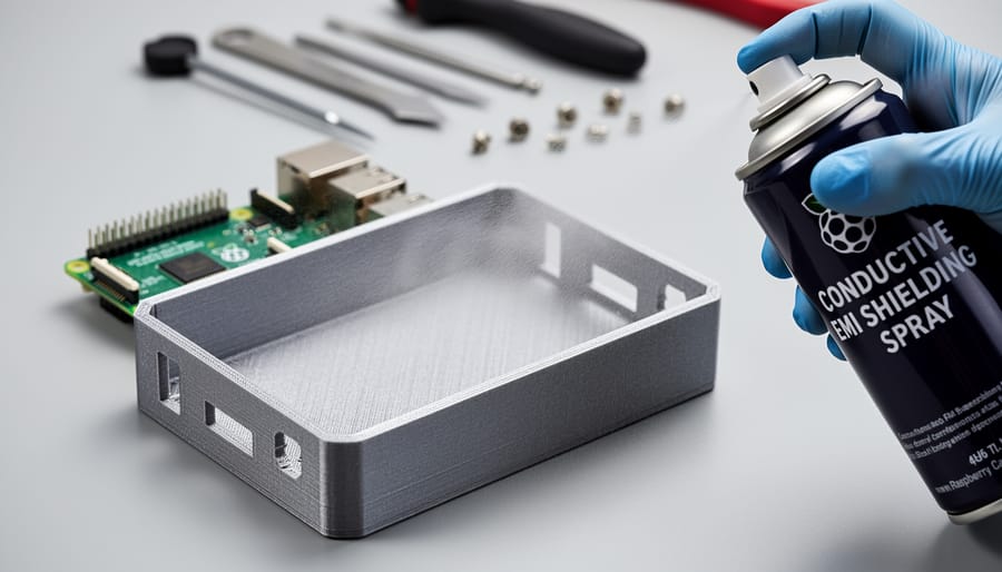 Hands applying conductive spray coating to 3D printed Raspberry Pi enclosure in workshop
