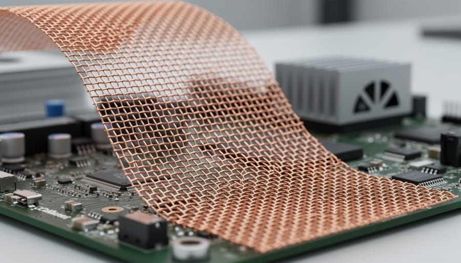 Copper mesh shielding material showing metallic weave pattern over electronic circuit board