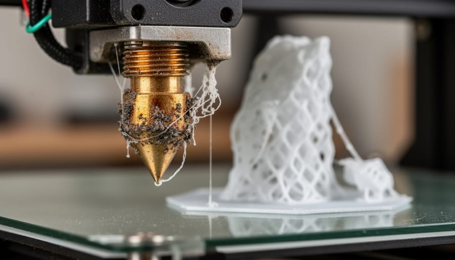 Close-up of 3D printer nozzle showing filament buildup and debris requiring maintenance