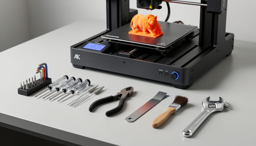 Overhead view of essential 3D printer maintenance tools laid out on workbench