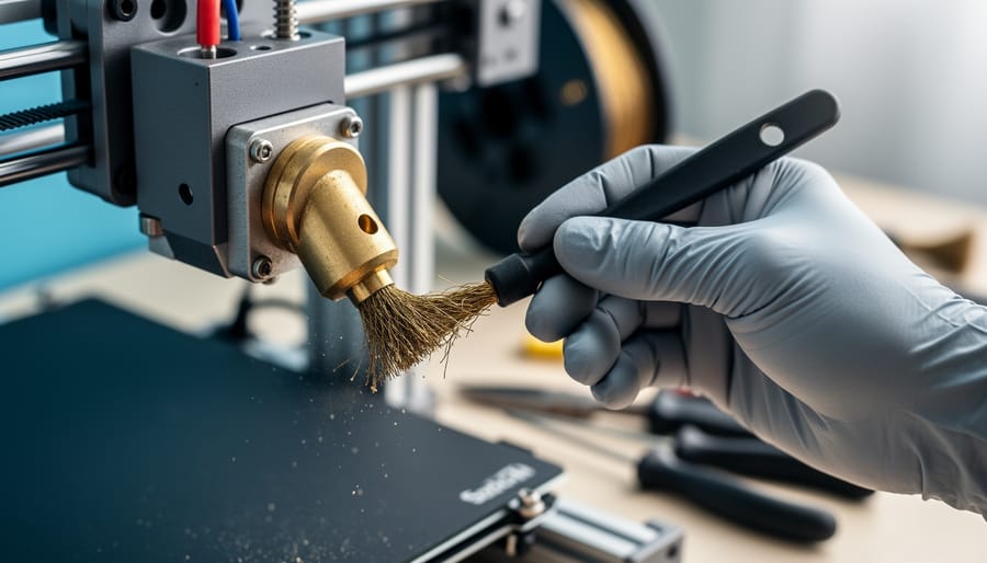 "Gloved hand uses a small brass brush to clean the brass nozzle of an FDM 3D printer with the printer frame, build plate, and filament spool softly blurred in the background."