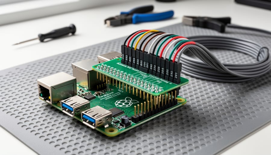 Close-up of hands connecting CNC HAT expansion board to Raspberry Pi GPIO pins