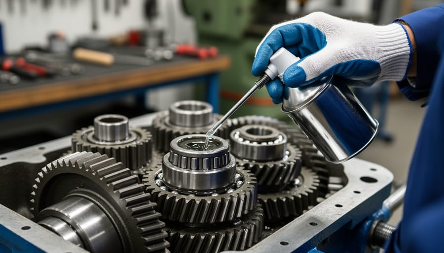 Hand applying lubricant to linear rail on 3D printer during routine maintenance