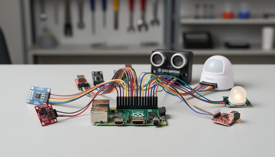Overhead view of breadboard circuit with multiple GPIO sensors connected to Raspberry Pi