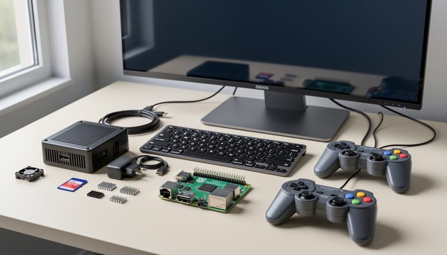 Overhead view of Raspberry Pi 3 gaming components laid out including board, cables, controllers, and accessories
