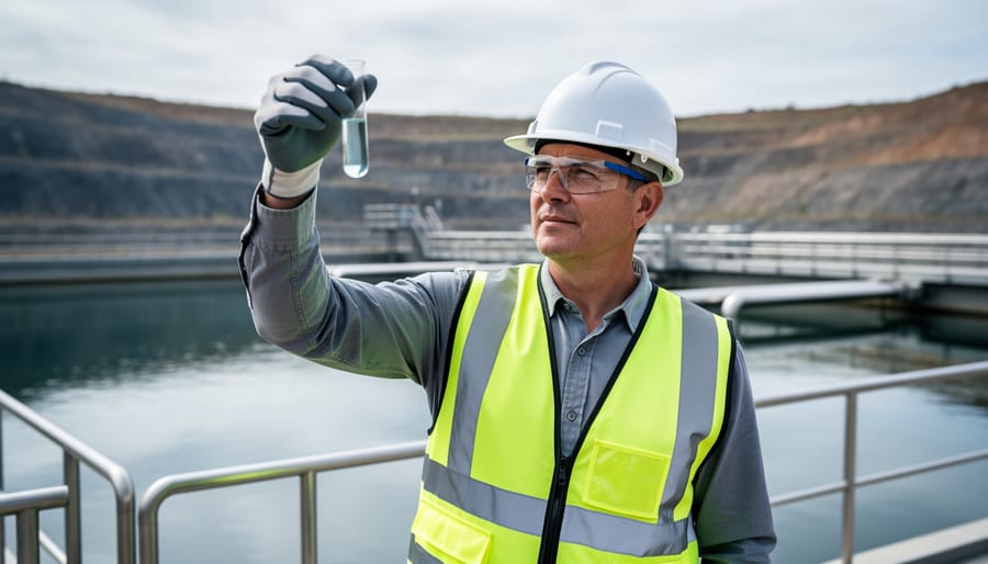 Engineer in safety gear holding a clear water sample vial at a mine water treatment plant, with blurred settling ponds, pipelines, and mine benches in the background under soft overcast light.