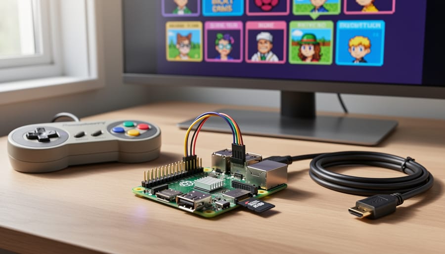 Raspberry Pi 3 board in transparent case connected to USB game controller
