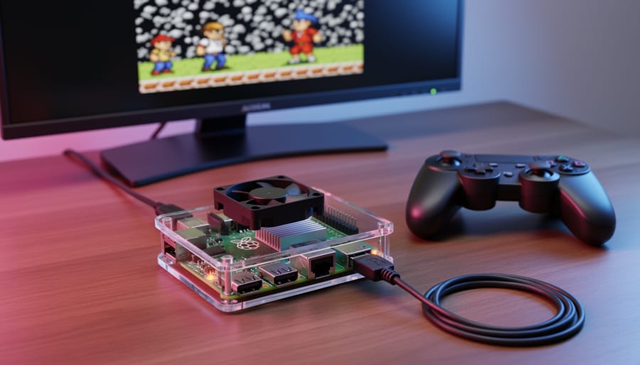 Transparent-cased Raspberry Pi 3 with small cooling fan and HDMI cable beside a USB game controller on a desk, with a blurred monitor showing CRT-style pixel-art gameplay under soft studio lighting.