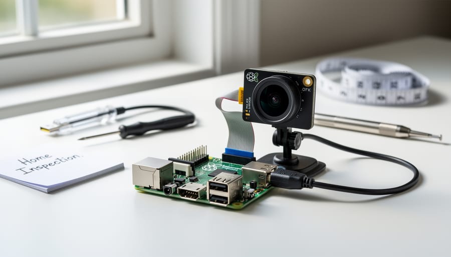 Raspberry Pi Zero W with attached camera module on workbench with inspection components