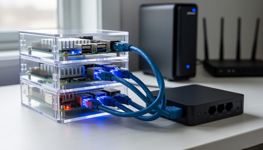 Stacked Raspberry Pi boards with heatsinks and glowing LEDs connected by blue Ethernet cables to a small switch on a desk, photographed from a 45-degree angle in soft daylight with a blurred NAS and router in the background.