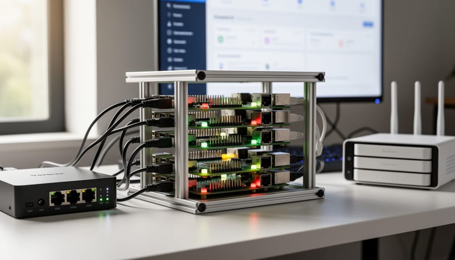 Raspberry Pi cluster with multiple boards stacked and connected with ethernet cables