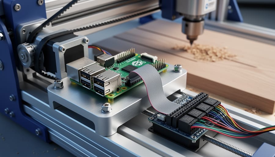 Raspberry Pi 4 mounted on a small desktop CNC router, wired via GPIO ribbon cable to a stepper driver board, with stepper motors and aluminum rails visible as the spindle mills a wooden workpiece under soft side lighting; shallow depth of field emphasizes the Pi and wiring.