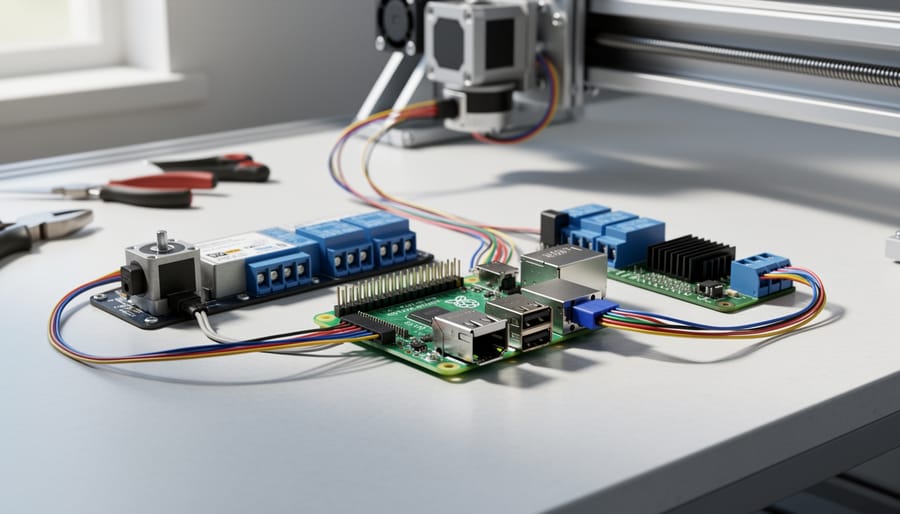 Raspberry Pi 4 board mounted on CNC machine frame with stepper motors and wiring