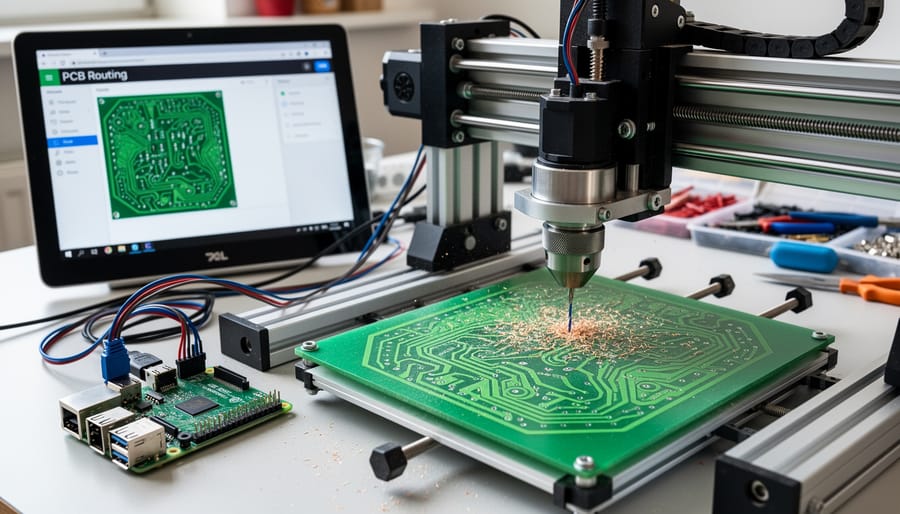 CNC machine controlled by Raspberry Pi actively milling a printed circuit board