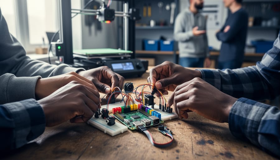 Overhead medium shot of a Raspberry Pi wired to sensors on a workshop table as several collaborators adjust components, with soft daylight and a blurred 3D printer and teammates in the background.