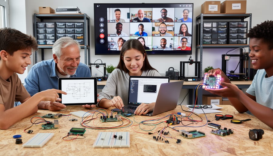 Multiple hands working together on Raspberry Pi projects with circuit boards and components on wooden table