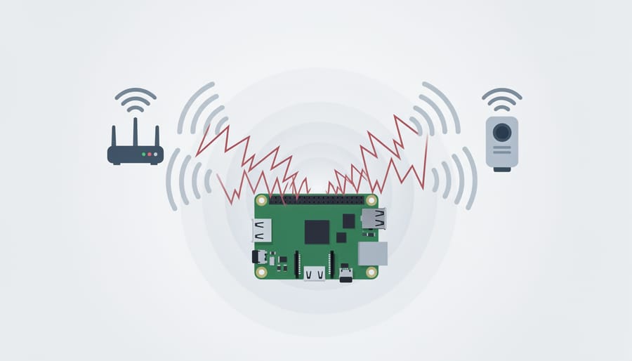 Close-up of Raspberry Pi circuit board showing electromagnetic interference effects around components