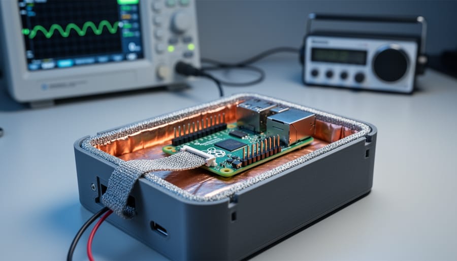 Close-up 45-degree view of a Raspberry Pi inside a partially open 3D-printed case lined with copper tape, featuring a nickel-coated fabric gasket, conductive fabric on the GPIO ribbon, and a grounding wire; blurred background shows an oscilloscope glow and a small radio on a workbench.