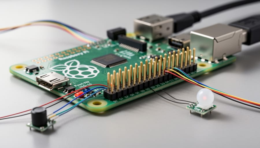 Close-up of Raspberry Pi GPIO pins with connected jumper wires