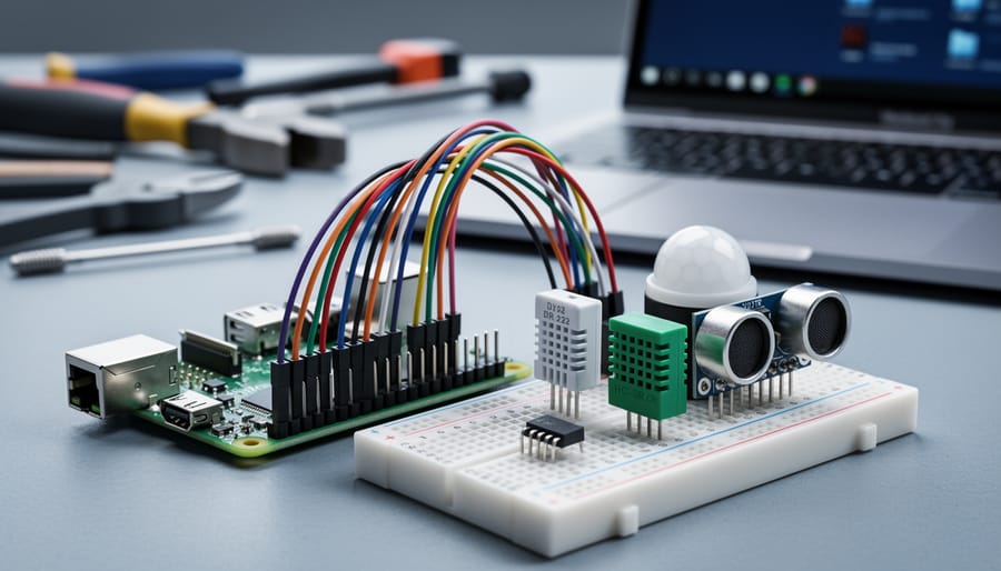 Close-up angled view of a Raspberry Pi connected by GPIO jumper wires to a breadboard with DHT22, PIR motion, and HC-SR04 ultrasonic sensors plus a logic level shifter, under soft studio lighting with a blurred workshop and laptop in the background.
