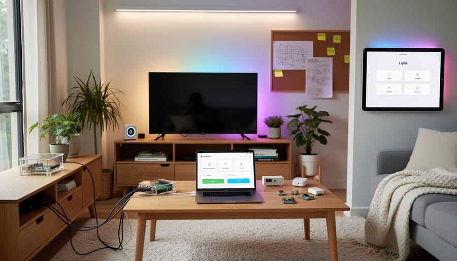 Raspberry Pi-based smart home automation system with sensors and displays mounted on wall