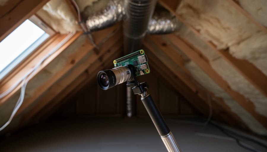 Close-up of a Raspberry Pi Zero W inspection camera with a wide-angle lens on an extendable pole, pointing into an attic corner with rafters and ductwork under soft mixed lighting, with a faint moisture stain blurred in the background.