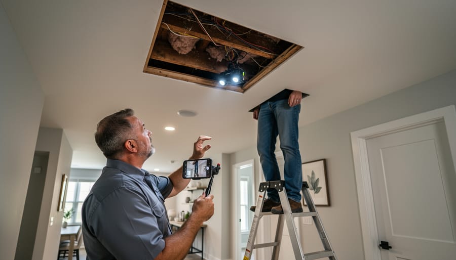 Hand holding smartphone with camera feed while inspecting attic space