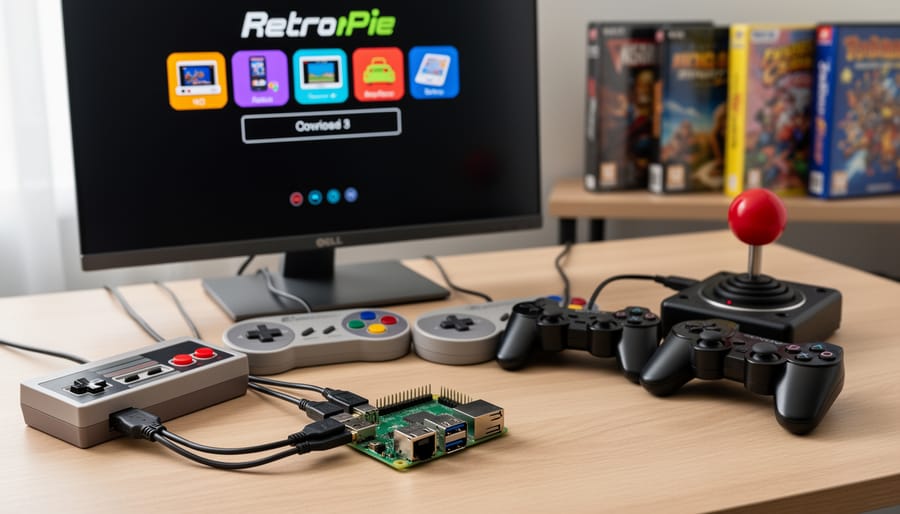 Person playing retro video game on TV using wireless controller with Raspberry Pi