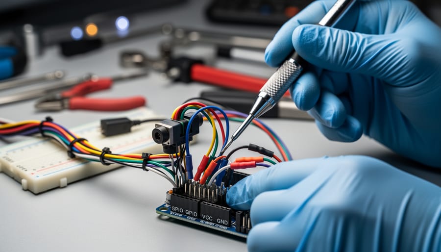 Hands connecting DHT22 temperature sensor to breadboard with jumper wires