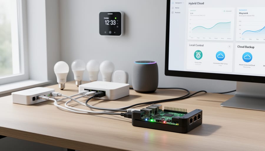 Raspberry Pi smart home hub with connected IoT sensors on workbench