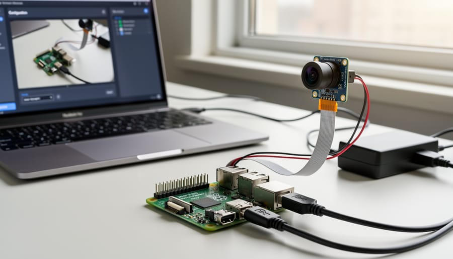 Person configuring Raspberry Pi camera software on laptop computer