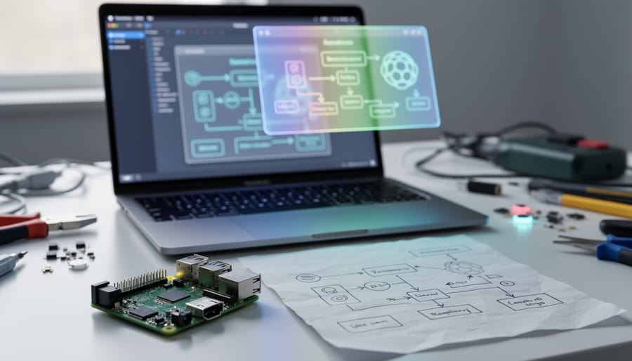 Raspberry Pi board next to a hand-drawn interface sketch on a maker’s desk, with a laptop showing a blurred prototype and faint heatmap overlays under soft daylight, photographed from an angled overhead view.
