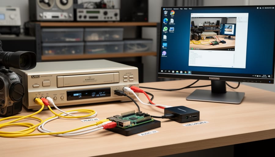 Overhead view of VHS camcorder connected to Raspberry Pi with video cables