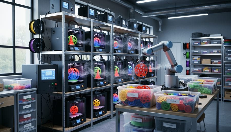 Workshop setup showing robotic system managing multiple 3D printers