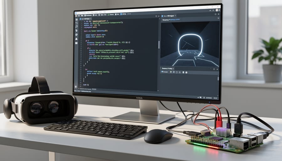Developer programming C++ code with Raspberry Pi on desk