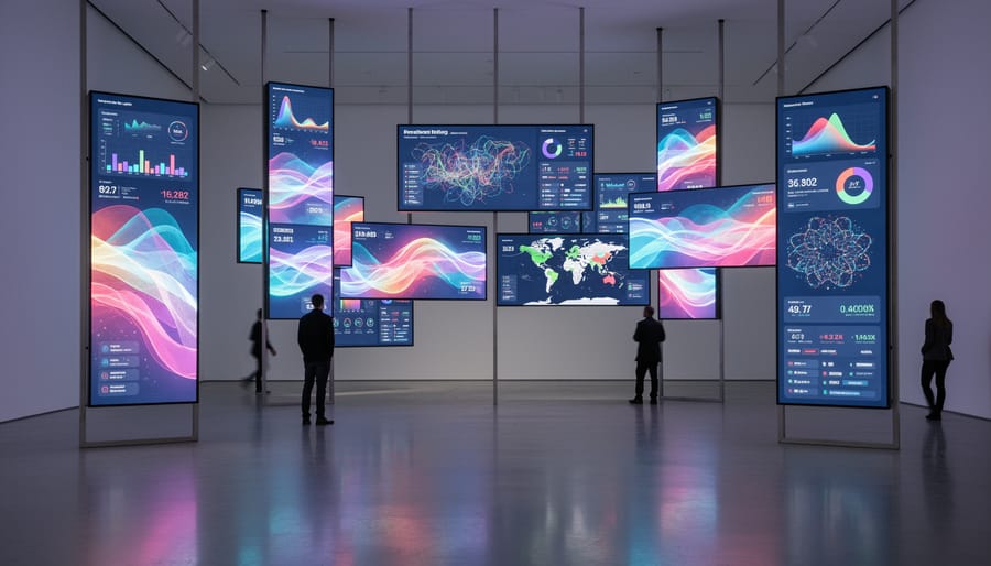 Large LED art installation displaying dynamic data-driven patterns in gallery setting