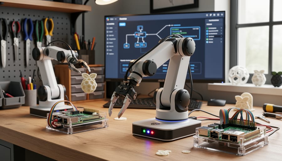 Desktop robotic arm positioned next to Raspberry Pi controller on workbench
