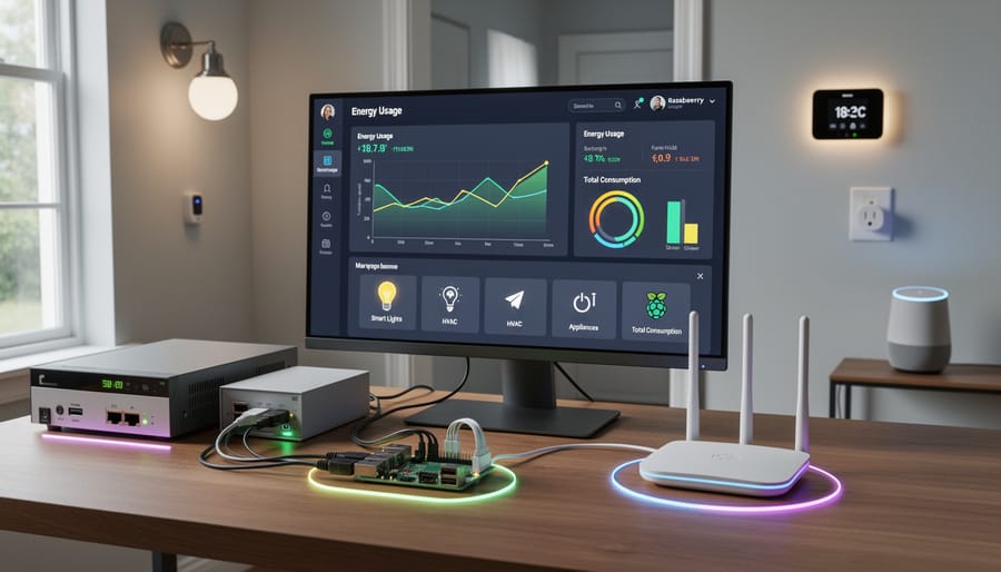 Raspberry Pi energy monitoring hub in modern living room with smart home devices