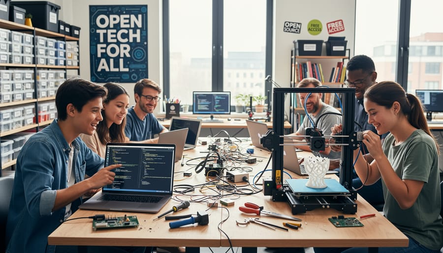 Diverse group of makers collaborating on Raspberry Pi projects at workshop table