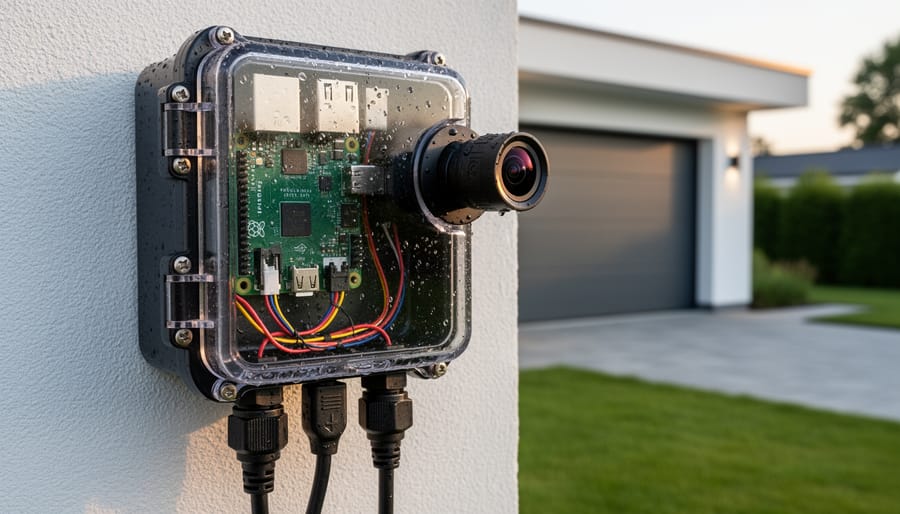 Weatherproof Raspberry Pi camera system mounted on exterior wall near front door