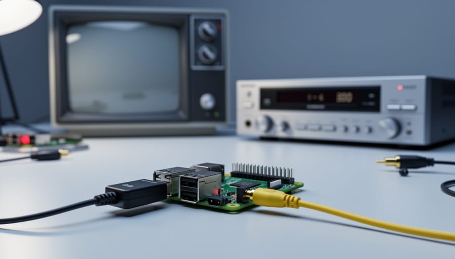 Raspberry Pi on a desk connected to a USB analog video capture dongle with a yellow RCA cable, with a blurred CRT television and VHS deck in the background, no visible logos or text.